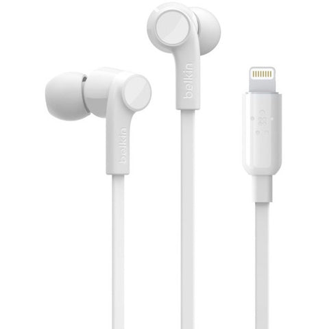Belkin International, Inc Belkin ROCKSTAR - Earphones with mic - in-ear - wired - Lightning - noise isolating - white - for Apple 10.5-inch iPad Pro, iPad mini 4, iPhone 7, 7 Plus, 8, 8 Plus, X, XR, XS, XS Max
